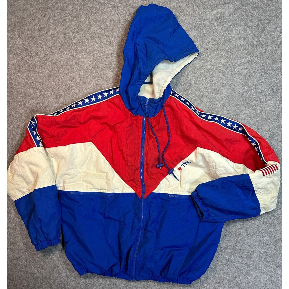 TYR Vintage Colorblock Windbreaker Large Red White Blue Stars Hooded Nylon